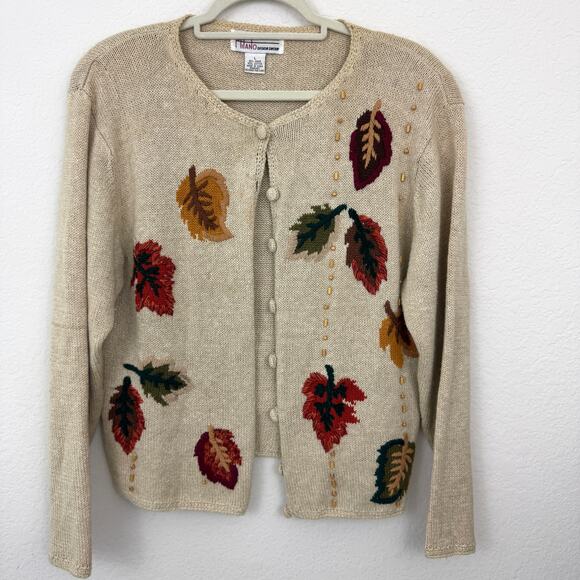 Vintage Sweaters - Milano Design Group Womens VTG Fall Leaf Cardigan Sweater Size L Beaded Autumn